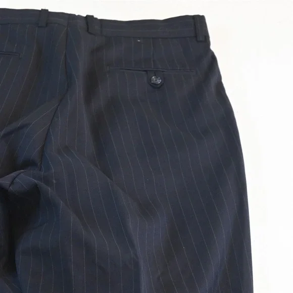 Vtg Y2K Boxy 2000s 42R 33x32 Navy Blue Striped 100% Wool Mens Jacket Pants Suit